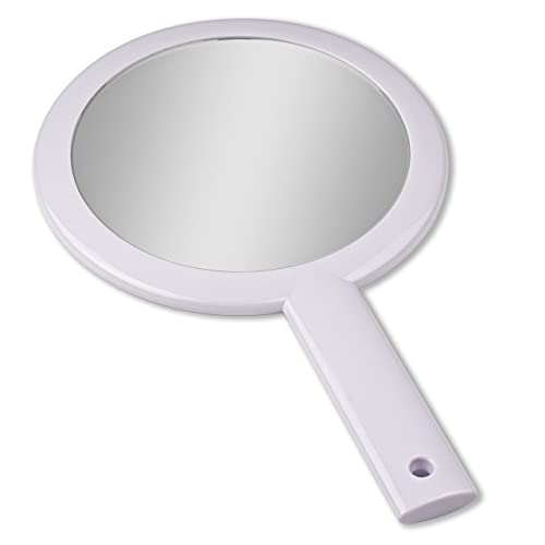 Cute & Small Hand Mirror for Women, Round Double Sided Handheld Vanity Mirror with Handle, Portable and Lightweight for Travel, 10 inch long (White)