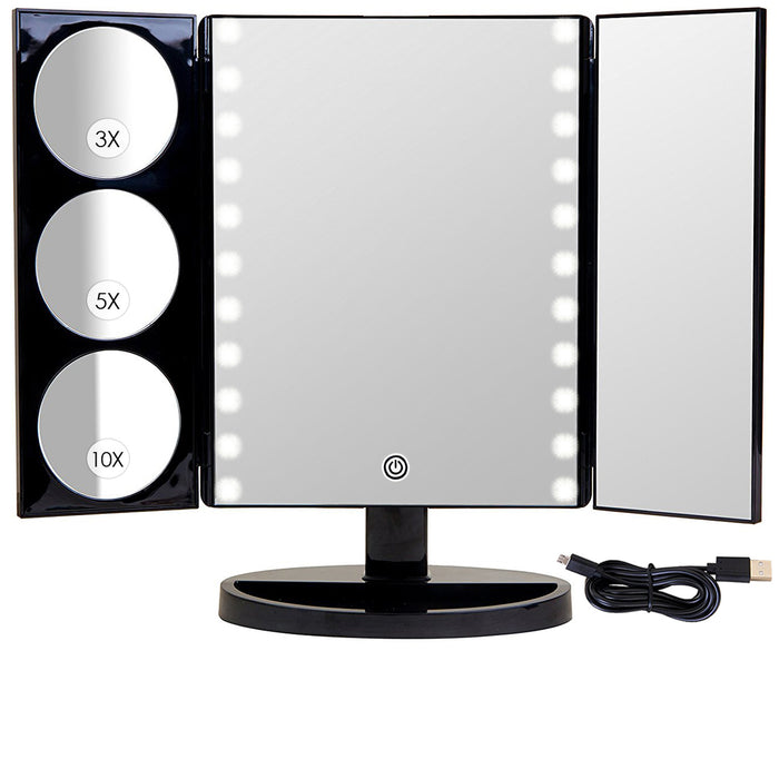 Biggest Hollywood Style Trifold LED Lighted Countertop Mirror (2017 X-Large Model) | Adjustable Cosmetic Vanity Makeup Mirror w/ Brilliant 1x, 3x, 5x & 10x Magnification