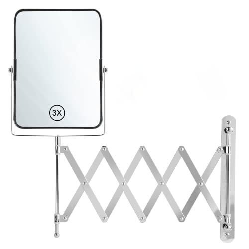 MIRRORVANA Bathroom Wall Mounted Mirror for Shaving & Makeup, Double Sided 3X / 1X Magnifying, 11" Extension Swivel, 7.9" x 6.1", Chrome