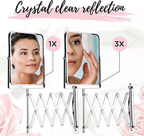 MIRRORVANA Bathroom Wall Mounted Mirror for Shaving & Makeup, Double Sided 3X / 1X Magnifying, 11" Extension Swivel, 7.9" x 6.1", Chrome