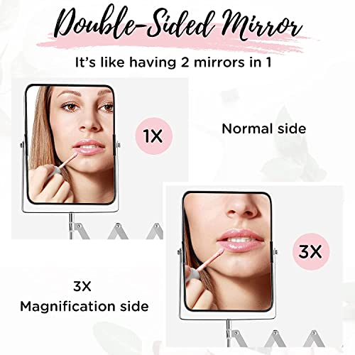 MIRRORVANA Bathroom Wall Mounted Mirror for Shaving & Makeup, Double Sided 3X / 1X Magnifying, 11" Extension Swivel, 7.9" x 6.1", Chrome