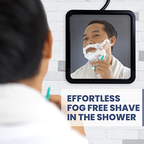 MIRRORVANA Fogless Shower Mirror for Shaving with Hook for Hanging and Anti Fog Shatterproof Surface - Fill Back Chamber/Reservoir with Hot Water for Fog Free Shave (Black, 8" x 7")