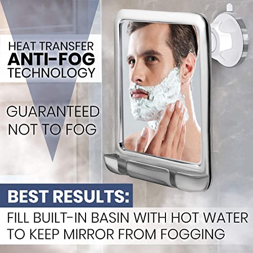 Fogless Shower Mirror with Dual Anti-Fog System, Suction Mount, and Razor Holder (Chrome)