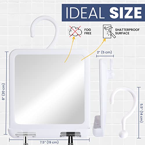 Portable Hanging Fogless Shower Mirror for Shaving with Hangable Hook, Razor Holder and Anti Fog Shatterproof Surface - Fill Basin Behind Mirror with Hot Water for Fog Free Shave - 8" x 7" (White)