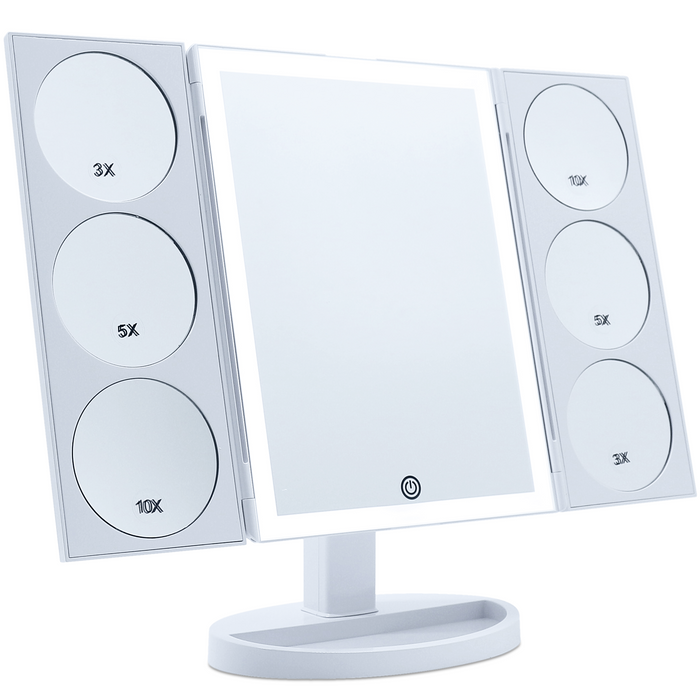 [2019 X-Large Model] Lighted Makeup Mirror, 44 LED Lights Vanity Mirror with Twin Magnifying Panels (3X/5X/10X) and Dual Power Supply, 360° Rotatable Trifold Mirror (White)